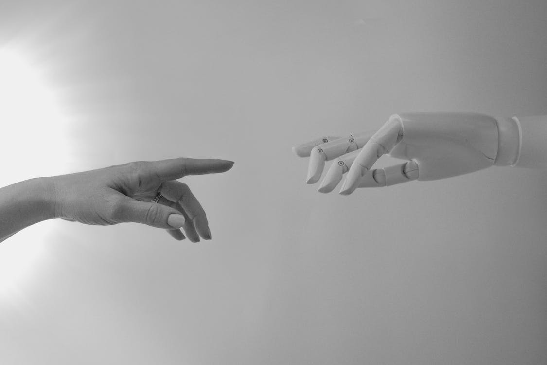 a human and robot hand. 
